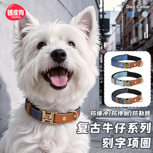 狗脖圈复古牛仔大中小型犬外出专用防挣脱颈圈可牵引宠物狗狗项圈