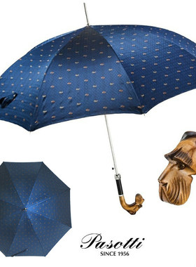 意大利新款pasotti直杆伞男伞手工木质雕刻雪纳瑞犬把手蓝色伞布