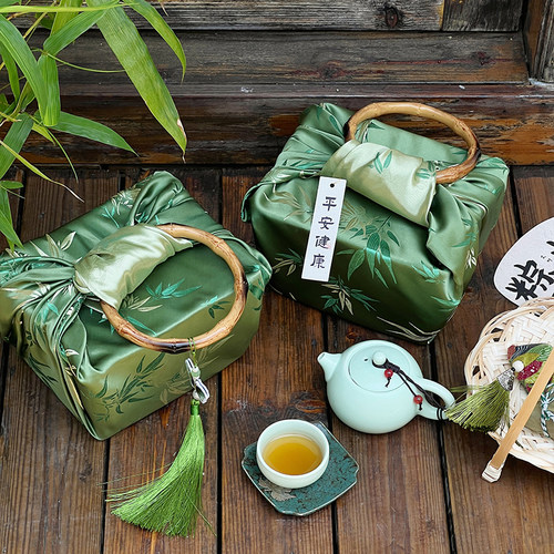 国风端午节竹纹丝绸印花方巾艾草青团手工绿豆冰糕点心中秋包裹布