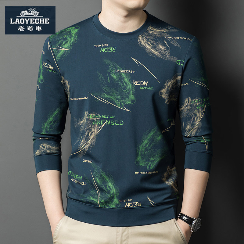 老爷车2025春季新款男士长袖T恤圆领卫衣个性印花薄款上衣打底衫