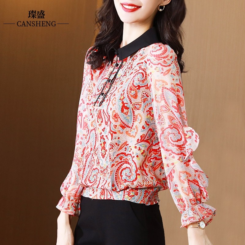 衬衫女士春秋扎染百搭洋气时尚雪纺衫遮肚子减龄早秋娃娃领衬衣