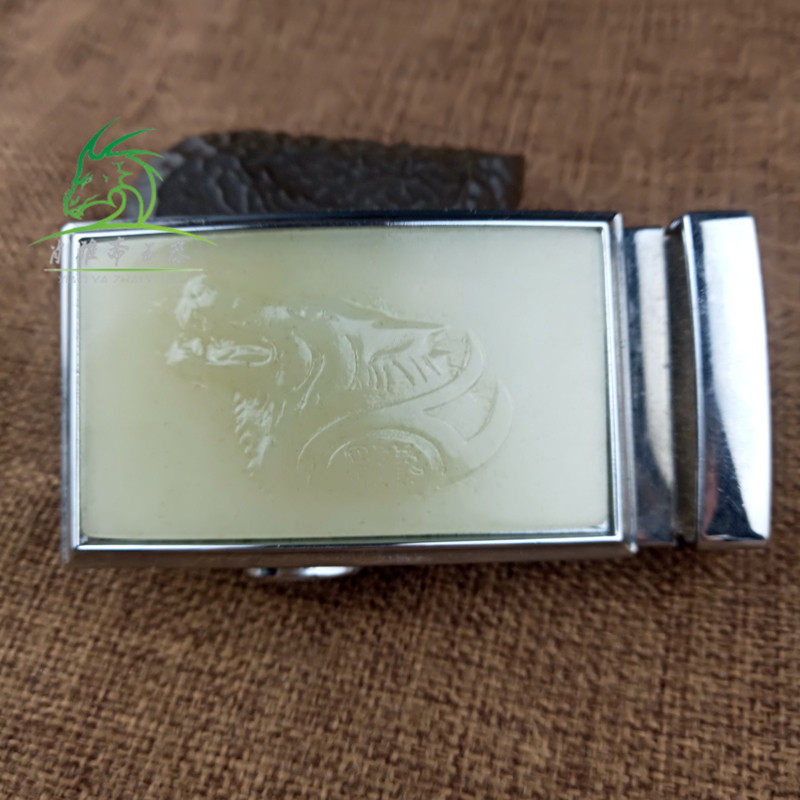 XIAO YAZHAI 천연 허티안 옥 녹색과 흰색 옥 늑대 머리 벨트 버클 남자 설탕 백옥 늑대 토템 벨트 버클