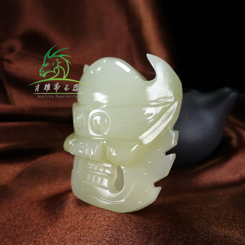 XIAO YAZHAI 천연 아프간 옥 유령 머리 벨트 버클 파란색과 흰색 옥 TIANSHI ZHONGKUI 벨트 버클 허리 펜던트 쥬얼리