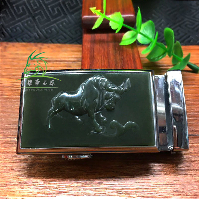 XIAO YAZHAI 천연 허티안 옥 사파이어 조디악 소 벨트 버클 남성용 블랙 사파이어 강세 벨트 버클