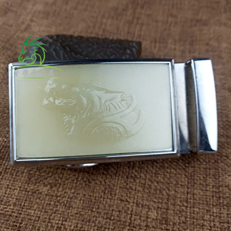 XIAO YAZHAI 천연 허티안 옥 녹색과 흰색 옥 늑대 머리 벨트 버클 남자 설탕 백옥 늑대 토템 벨트 버클