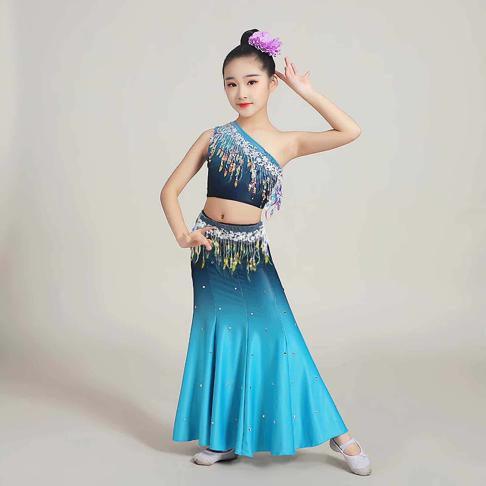 新款儿童傣族舞蹈服装女童孔雀舞服艺考修身渐变练习鱼尾裙表演服