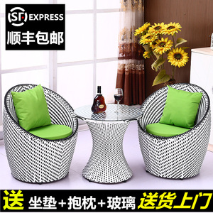 阳台喝茶桌椅组合茶艺桌简约休闲玻璃小圆桌藤椅子三件套编织