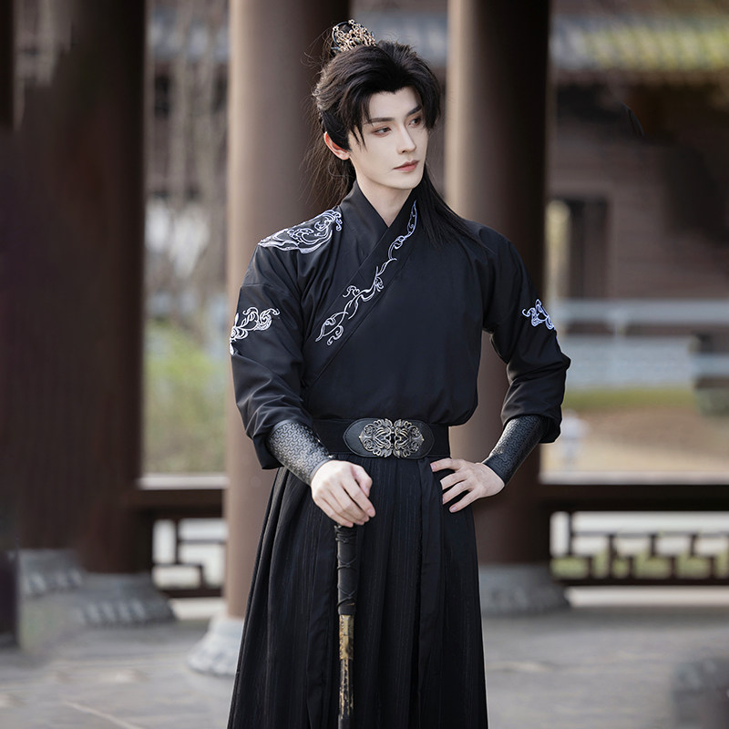 국가 동향 HANFU 남성 정통 원래 중국 스타일 남성 기사도 의상 허리 길이 웨이와 진 스타일 봄 정장 매일 사용