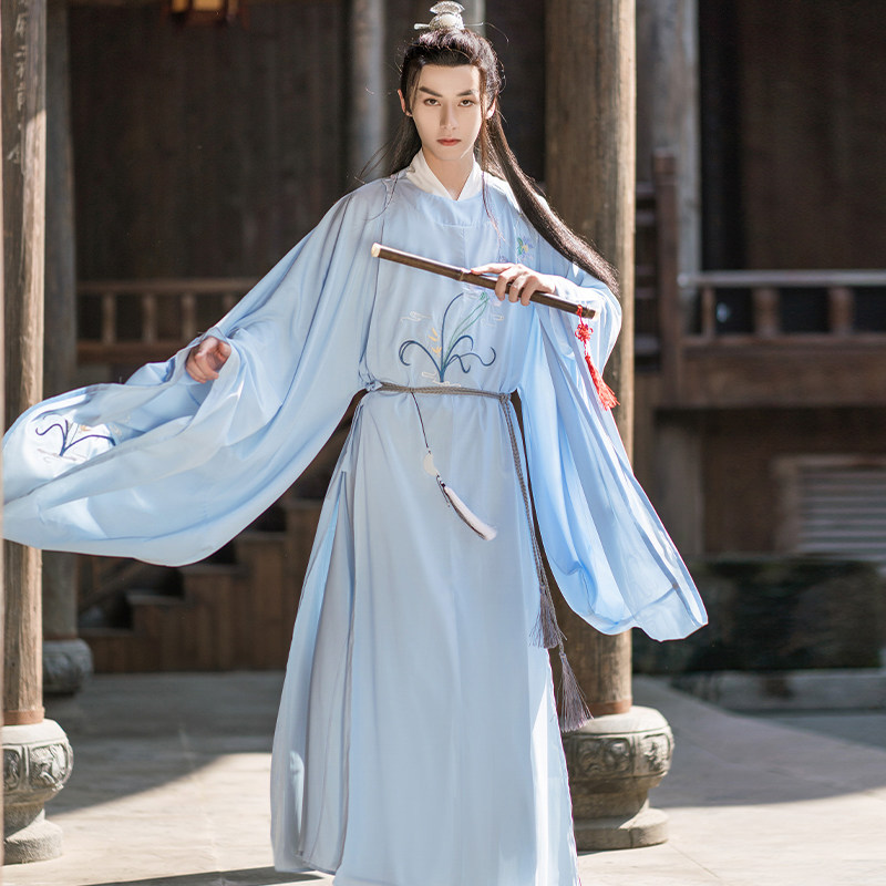 원래 중국 스타일 송나라 HANFU 남자의 고대 스타일 라운드 칼라 가운 남자의 요정 의상 정장 당나라 남자 의류 봄과 여름