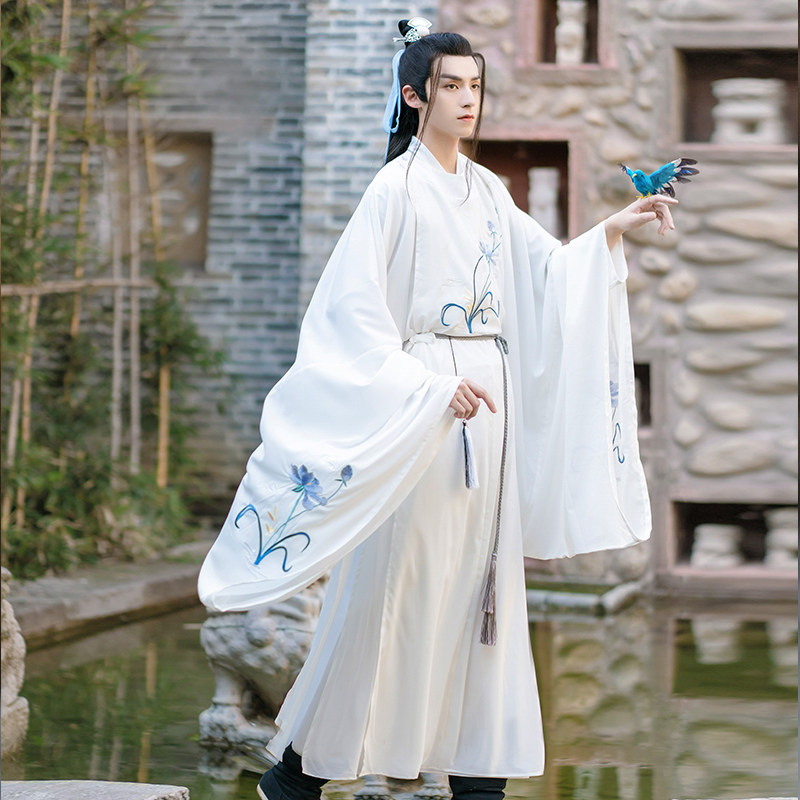 원래 중국 스타일 송나라 HANFU 남자의 고대 스타일 라운드 칼라 가운 남자의 요정 의상 정장 당나라 남자 의류 봄과 여름