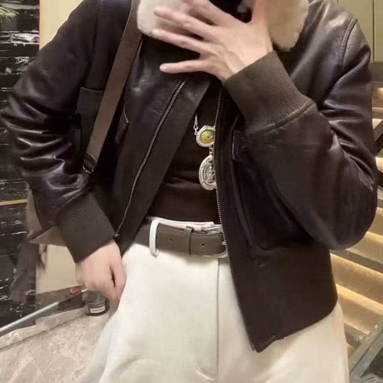 2025拉链短款真皮加棉皮衣女皮衣