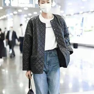 刘雯同款2025新款真皮皮衣女时尚圆领菱格加棉绵羊皮外套宽松显瘦