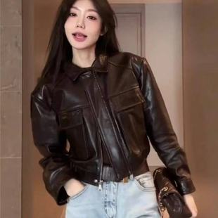 陈太太同款真皮短款翻领拉链机车夹克女绵羊皮宽松休闲皮衣短外套