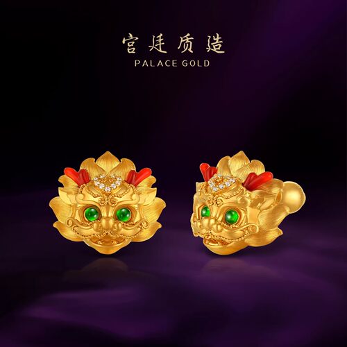 宫廷质造麒麟黄金耳钉古法足金999耳饰女新款耳坠环祖母绿红宝石