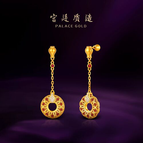 宫廷质造古法黄金平安扣耳饰手工足金999钻石红宝石珠宝耳坠首饰