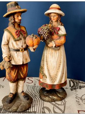 外贸样品树脂美式丰收圣诞节贵妇男女孩童人物书房复古摆件桌面