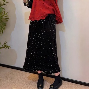 设计感木耳边黑色波点半身裙女秋冬丝绒裙高腰显瘦后开叉直筒长裙
