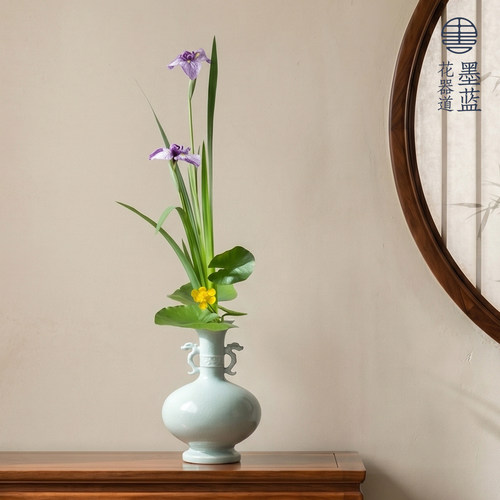 双耳青瓷花瓶手工陶瓷花道摆件