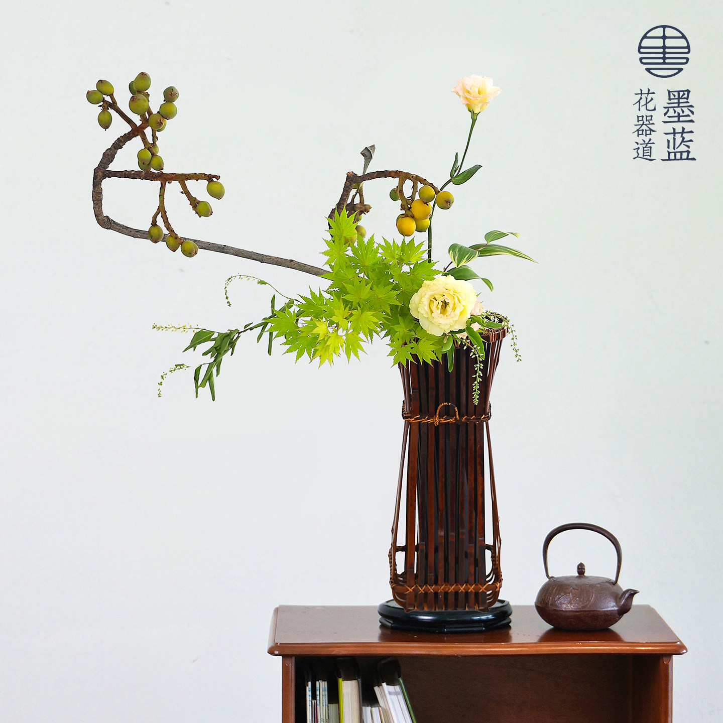 小原流立透花篮手工竹编花器竹篮含内胆日式花道插花壁挂竹器皿