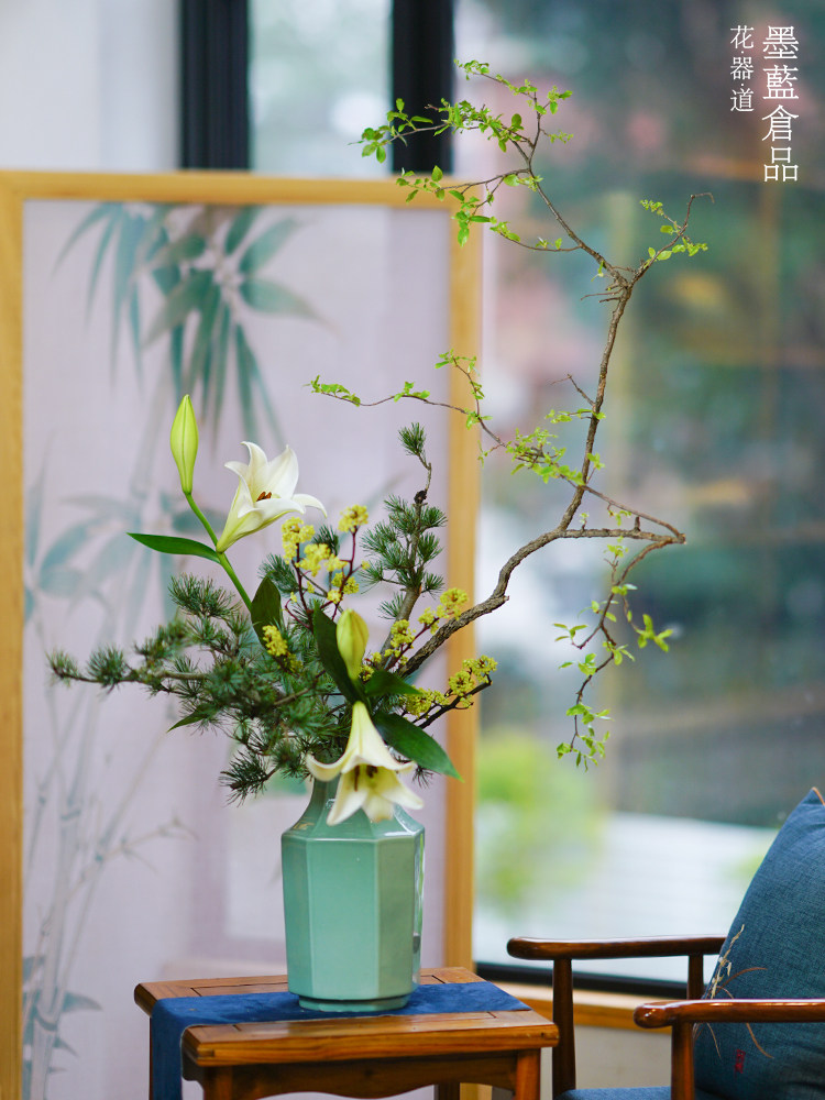 库青瓷角切花瓶八角瓶小原流陶瓷花器禅意中式日式花道插花器皿厂