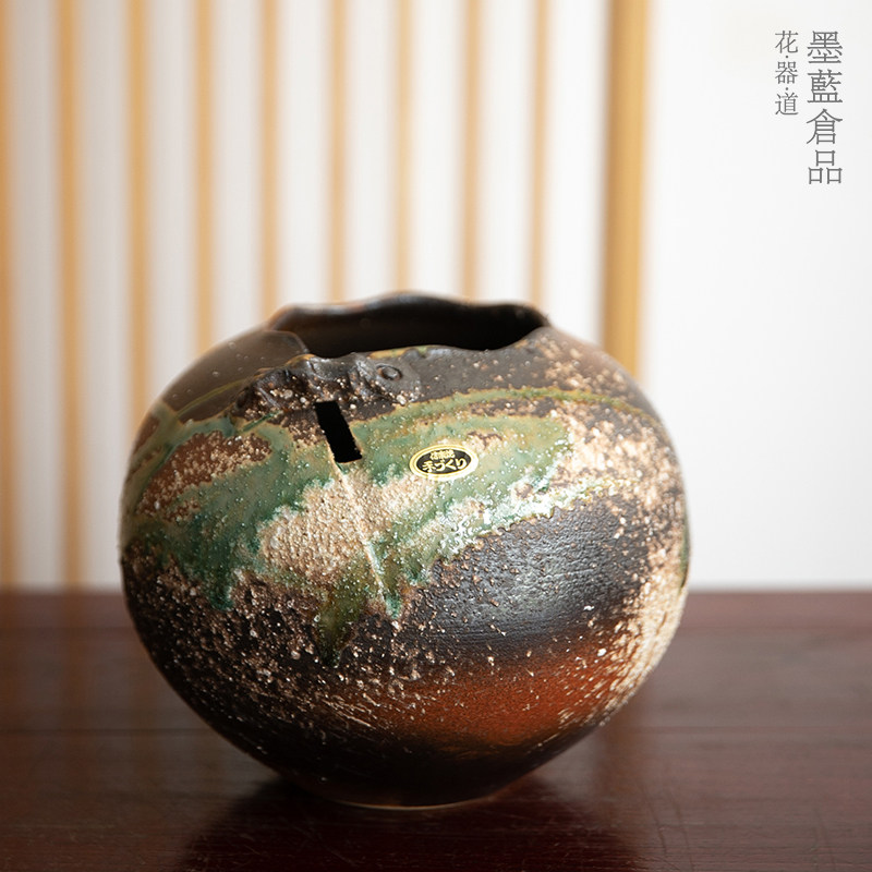日本进口信乐烧彩绘陶罐花器日式插花器皿花瓶陶瓷手工坛子罐子