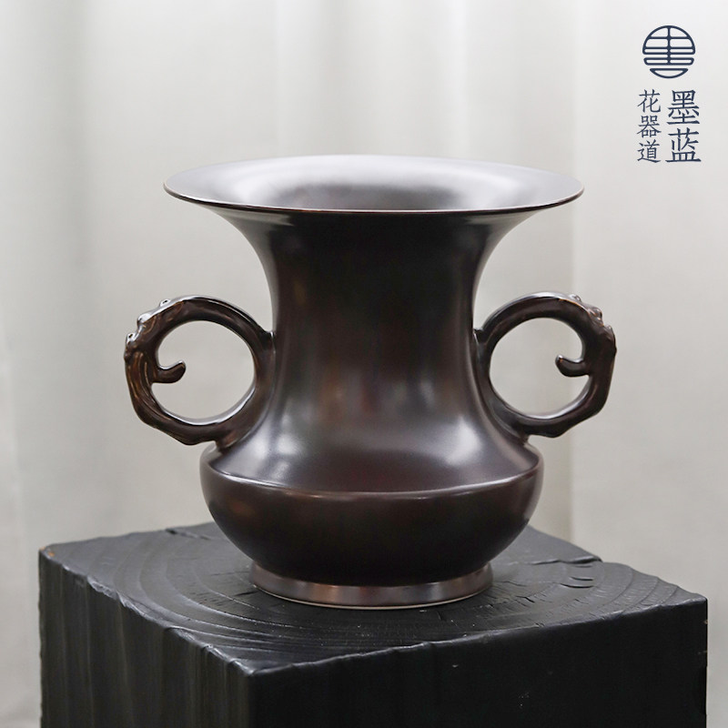 墨蓝花器中式池坊双耳花瓶薄端陶瓷佛前供花寺庙插花生花立花摆件,鲜花速递/花卉仿真/绿植园艺,花瓶,淘宝优惠券,粉丝福利购,淘宝优惠卷