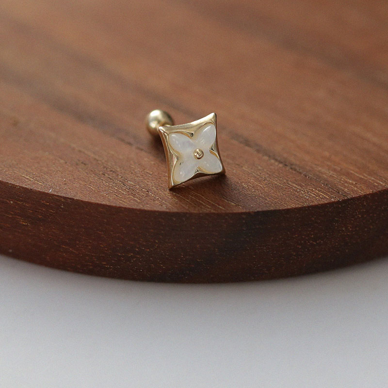 14K黄金首饰贝母四叶草花朵耳钉