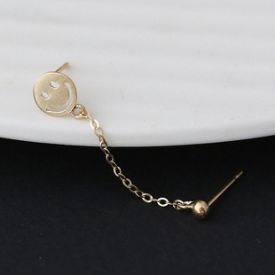 白小C黄金首饰14K金10K金耳环耳饰 素金圆牌笑脸链条双洞耳骨耳钉