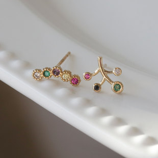 白小C 韩国10K14K金黄金首饰 弧形彩钻树叶耳饰耳钉