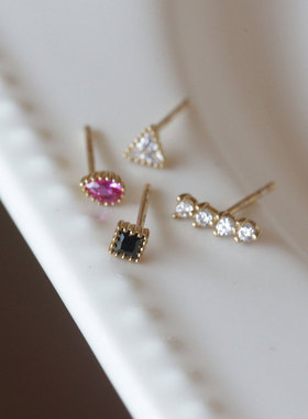 韩国10K14K金黄金首饰 个性一字排钻三色不规则形状耳饰耳钉