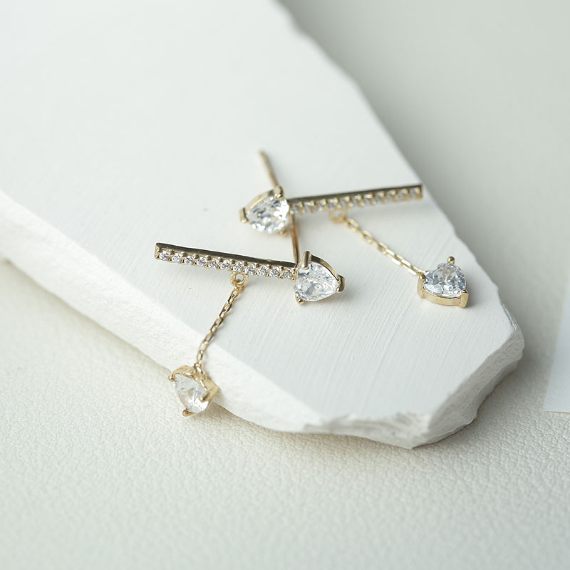 白小C韩国10K14K金黄金首饰 爱心一字排钻吊坠流苏耳链耳钉