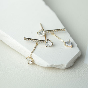白小C韩国10K14K金黄金首饰 爱心一字排钻吊坠流苏耳链耳钉