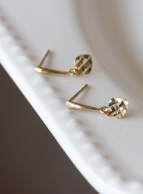 韩国10K14K金黄金首饰 长条棱面素金爱心坠耳饰耳钉