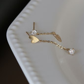 白小C 韩国10K14K金黄金首饰 镶钻光面不规则爱心坠耳饰耳钉