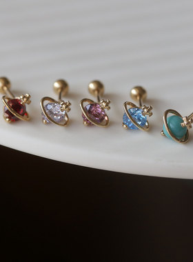 白小C韩国纯10K14K金镶钻绿松石立体土星耳骨拧螺丝耳钉