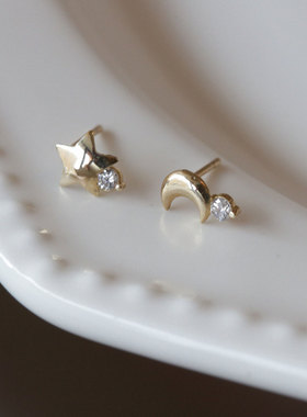 韩国10K14K金黄金首饰 光面弧度星星月亮镶钻耳饰耳钉