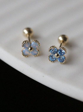 白小C韩国纯10K14K金满钻四瓣花朵耳骨拧螺丝耳钉