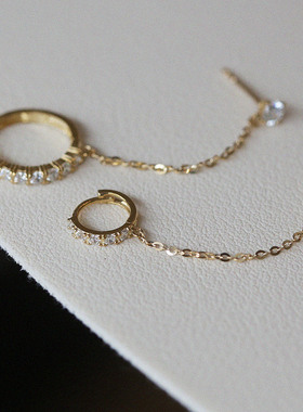 韩国纯10K14K金黄金耳钉 超闪满钻小环单钻耳环 链条耳骨双洞耳扣