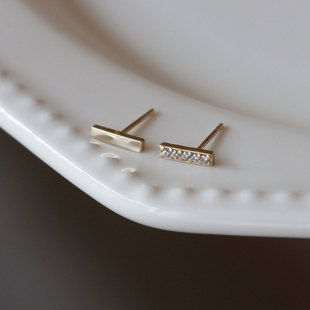 白小C韩国10K14K金黄金首饰耳饰 精致一字棍光面满钻耳环小耳钉