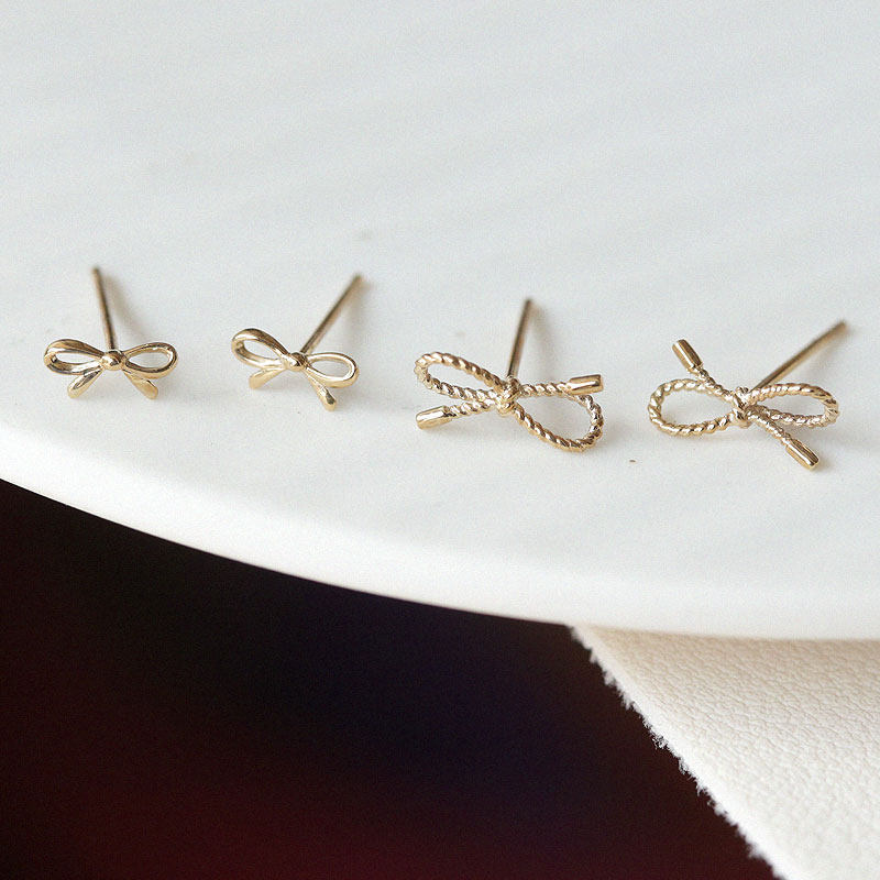 白小C韩国10K14K金黄金首饰耳环 甜美百搭素金麻花小蝴蝶结耳钉女