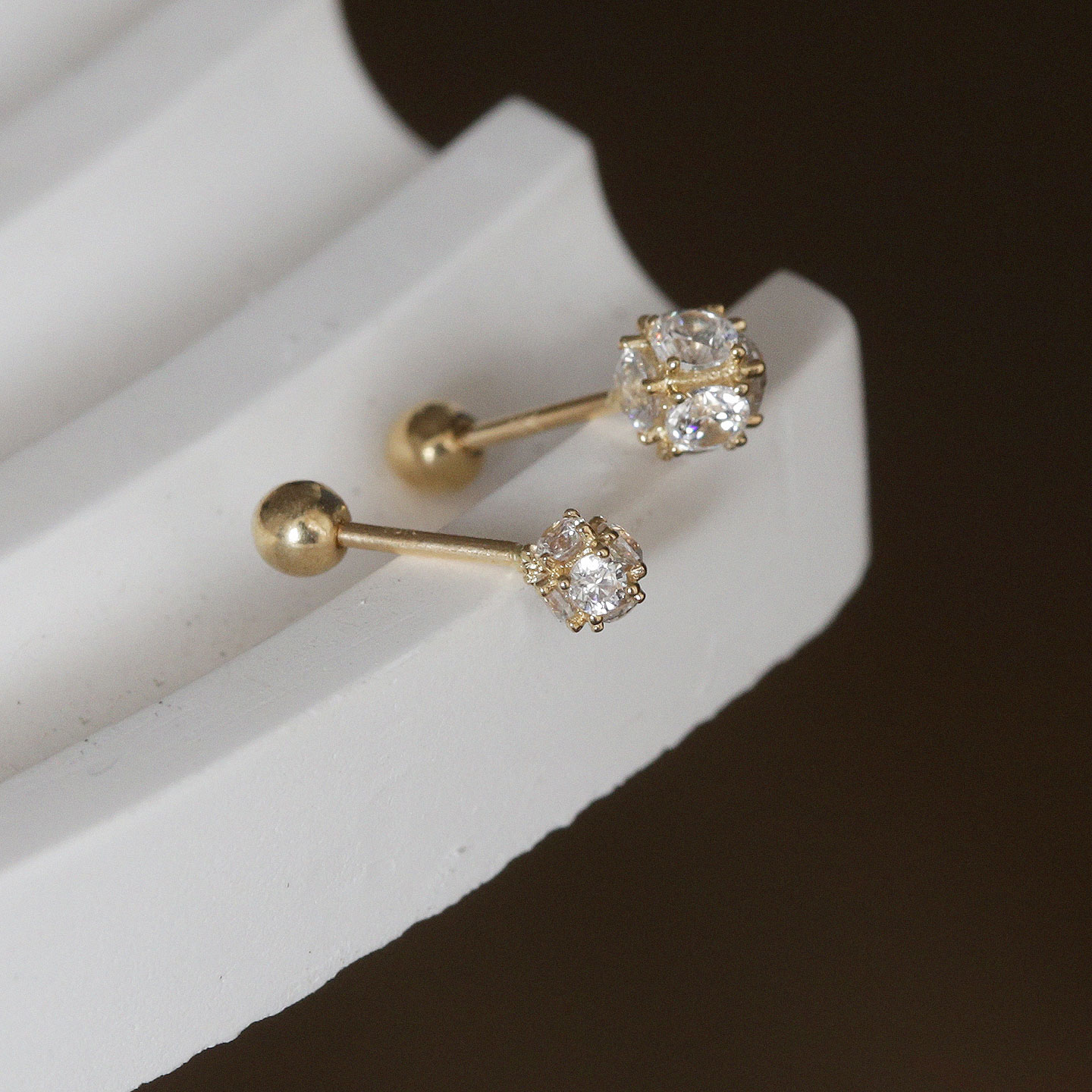 白小C韩国进口黄金纯10K14K金耳环 满钻球盘花圆球耳骨拧螺丝耳钉