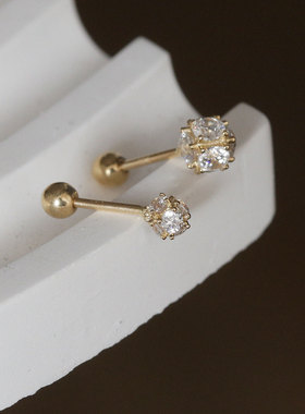 白小C韩国进口黄金纯10K14K金耳环 满钻球盘花圆球耳骨拧螺丝耳钉