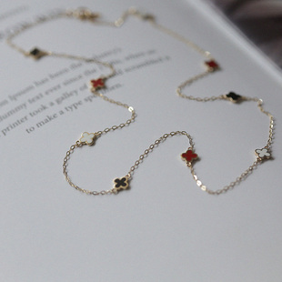 白小C黄金首饰纯14K金项链 红黑白三色彩色花朵多颗小花锁骨链