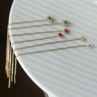 白小C韩国10K14K金黄金首饰满钻彩宝锆钻花朵圆钻耳线耳链耳骨钉