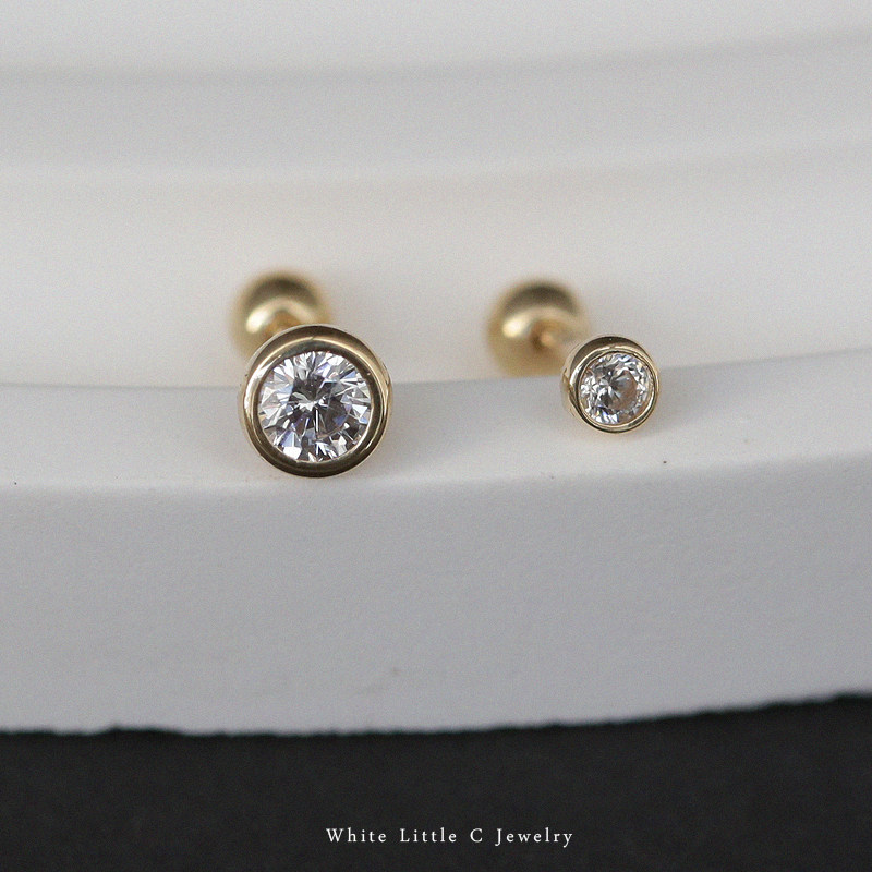 白小C韩国纯10K14K金黄金耳钉 包边圆钻圆球堵拧螺丝扣耳蜗耳骨钉