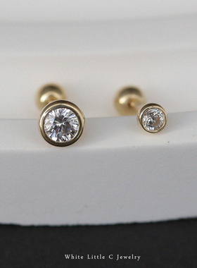 白小C韩国纯10K14K金黄金耳钉 包边圆钻圆球堵拧螺丝扣耳蜗耳骨钉