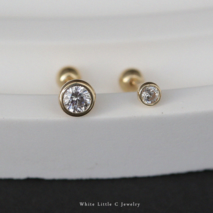 白小C韩国纯10K14K金黄金耳钉 包边圆钻圆球堵拧螺丝扣耳蜗耳骨钉
