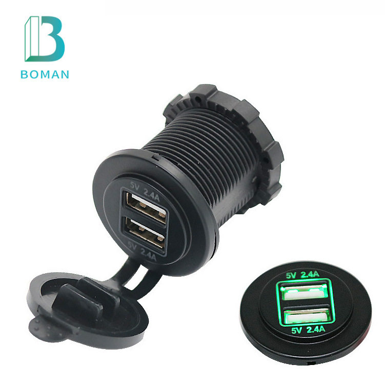 4.8A汽车双usb车充改装配件摩托车快充12-24VUSB 带灯USB车船改装