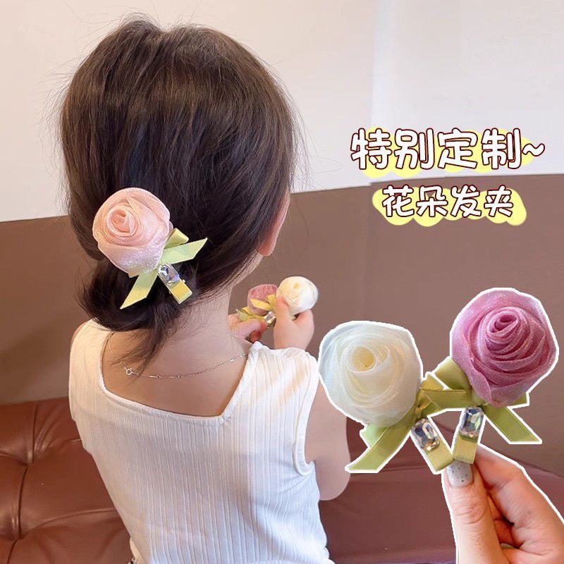 女童新仙气棒棒糖玫瑰花方钻发夹侧边刘海花朵蝴蝶结发卡甜妹发饰