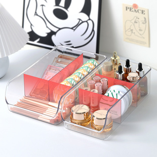 带隔板分区收纳筐透明亚克力矮款斜口收纳盒长方形桌面分类收纳盒